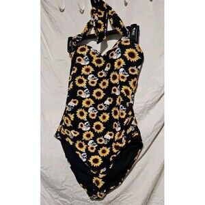 New M Hot Topic 1 Pc Underwire Bathing Suit  Sunflower Skull Halter Black Yellow